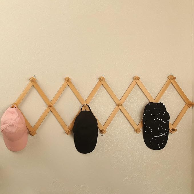 WEBI Accordion Wall Hanger,Expandable Wooden Coat Rack,Accordion Hat Rack for Wall for Hats,Caps,16 Peg Hooks,Natural,2 Packs