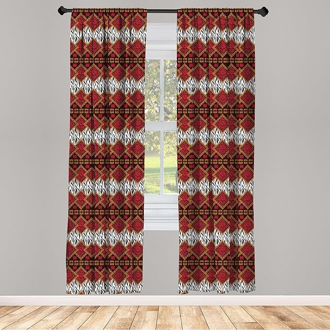 Ambesonne Savannah Curtains, Animal Skin Stripes as Diamond Shapes Pattern Wild Life Concept Native Art, Window Treatments 2 Panel Set for Living Room Bedroom, Pair of - 28" x 84", Red Brown