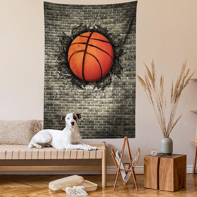 Ambesonne Sports Tapestry, Basketball Embedded in a Brick Wall Power Training Destruction Concept Art, Wall Hanging for Bedroom Living Room Dorm, 60" X 80", Orange Sepia