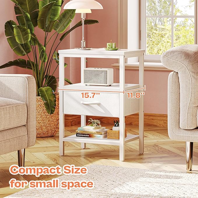 SUPERJARE Nightstand Set of 2, Bed Side Tables with Charging Station, Adjustable Fabric Drawer, Night Stand for Bedroom, 3-Tier Storage End Tables, White, 8694WC