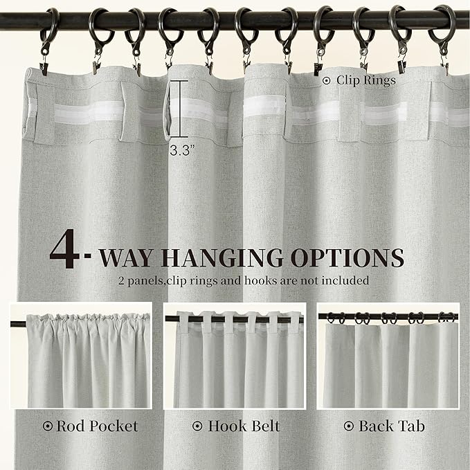KangBang 108 Inch Linen Blackout Curtains for Sliding Patio Door, Back Tab Loop Pocket Light Blocking Draperies for Cottage High Ceiling, Neutral Minimalist Style(72x108, Greyish White,2 PCs)