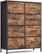 SONGMICS Dresser for Bedroom, Chest of Drawers, Steel, MDF, 8 Non-Woven Fabric Drawers, Storage Organizer Unit, Closet, Entryway, Rustic Brown and Ink Black LGS124B02S