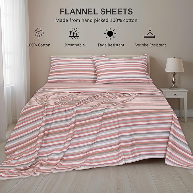 RUVANTI Flannel Sheets King Size - 100% Cotton Brushed King Size Sheets Set - Deep Pockets 16 Inches Bed Sheets - All Seasons Breathable & Extra Soft - Warm & Cozy, 4 Piece, Multi Chevron Stripe