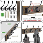 IBosins Wall Mounted Coat Rack, 2 Pack Metal Wood Coat Rack with 8 Black Rustic Hooks for Scarf, Bag, Towel, Key, Cap, Cup, Hat