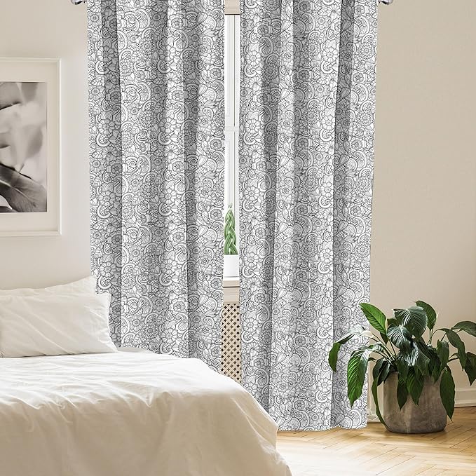 Ambesonne Black and White Window Curtains, Paisley Design with Sketch Style Flowers Leaves on Monochrome Background, Decor 2-Panel Set with Rod Pocket, Pair of - 28" x 84", White and Charcoal