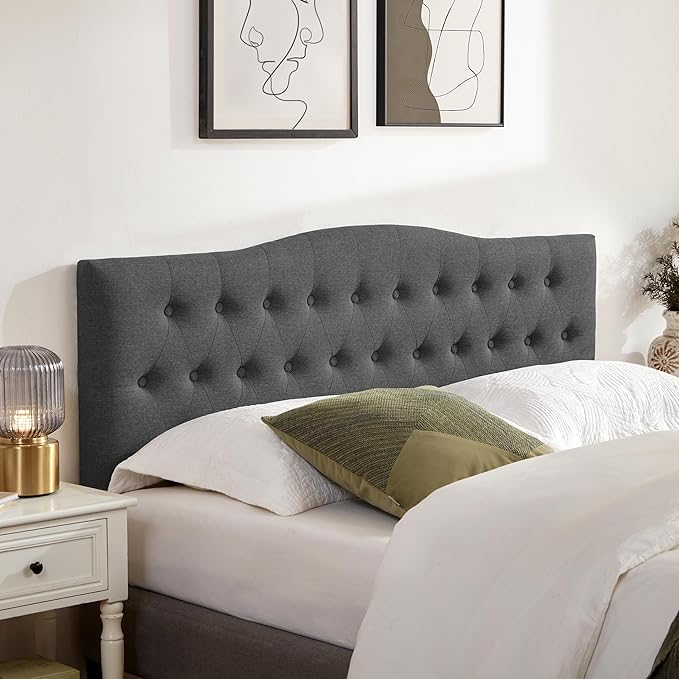 Tufted Upholstered Headboard Queen Size, Sturdy and Durable Solid Wood Bed headboard, Fabric Headboard Adjustable Height from 37” to 51”, Modern Button Diamond Design Head Board, Black