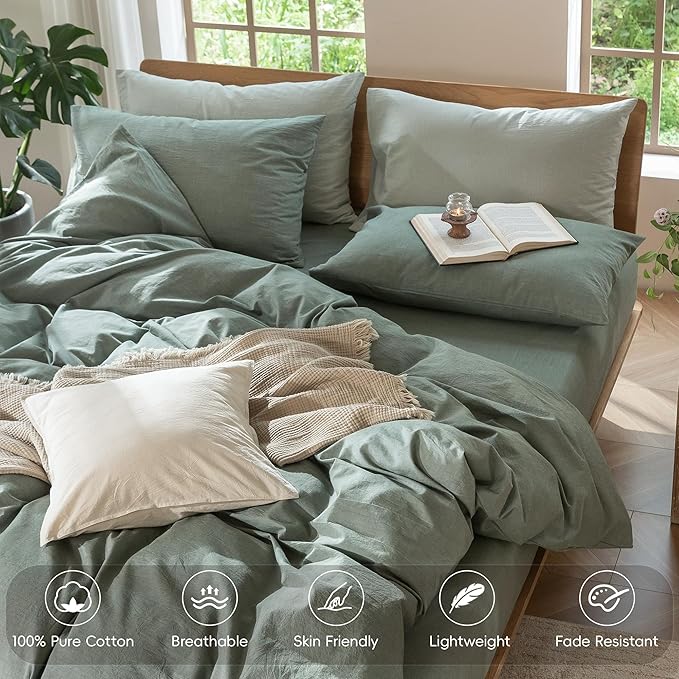 MooMee Bedding Duvet Cover Set 100% Washed Cotton Linen Like Textured Breathable Durable Soft Comfy (Heathered Green, Oversized Queen 98"x98")