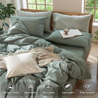 MooMee Bedding Duvet Cover Set 100% Washed Cotton Linen Like Textured Breathable Durable Soft Comfy (Heathered Green, Oversized Queen 98"x98")