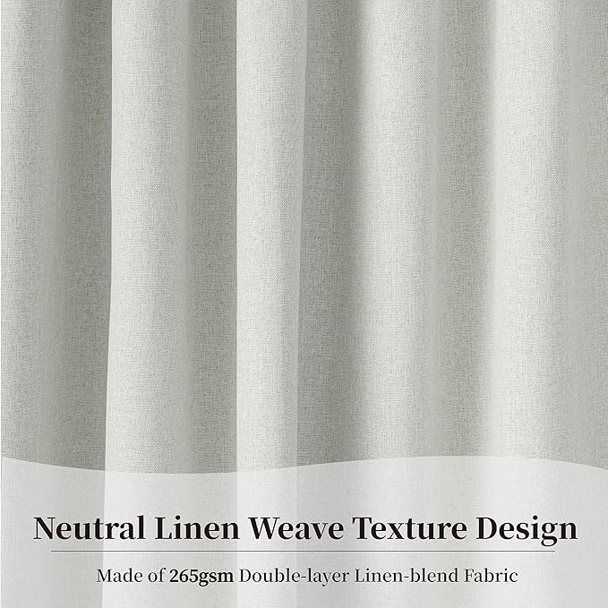 Greyish White 100% Blackout Linen Curtains for Living Room 2 Panels Set, Loop Pocket Back Tab Neutral Light Gray Tones Linen Textured Curtains for Hall Large Windows 9 FT,52Wx108L, Greyish White