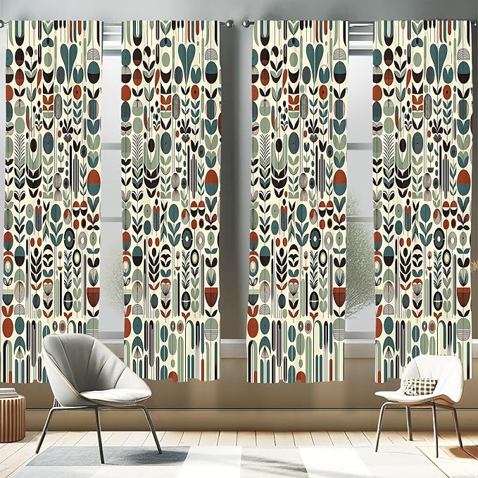 Ambesonne Leafy Art Window Curtains Pack of 2, Scandinavian Leaves Pattern with Geometric Roundy Modern Boho Print, Lightweight Set with Rod Pocket, 4 Panels of - 28" x 63", Pale Green Redwood Teal