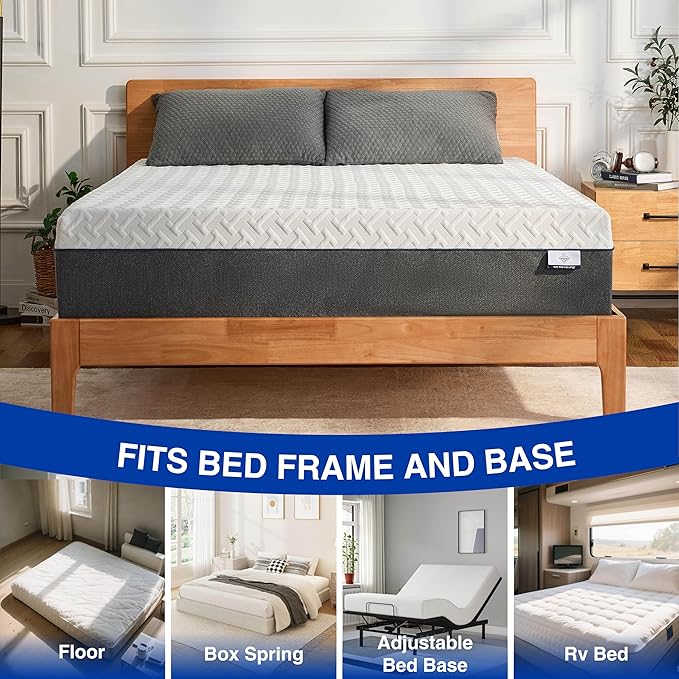 10 Inch Green Tea Memory Foam Mattress, Queen Memory Foam Mattress in a Box, Gel Infused Foam for Pressure Relief and Cool Sleep, CertiPUR-US Certified, Medium Firm