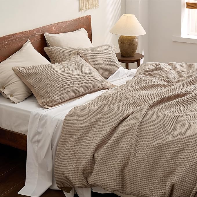Bedsure Cotton Duvet Cover Queen - 100% Cotton Waffle Weave Khaki Duvet Cover Queen Size, GentleSoft™ and Breathable Tan Bedding Set for All Season, 3 Pieces, 90"x90"