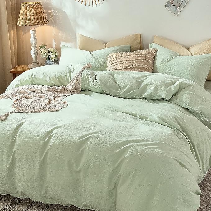MooMee Bedding Duvet Cover Set 100% Washed Cotton Linen Like Textured Breathable Durable Soft Comfy (Heathered Seaglass Green, Cal King 104"x98")