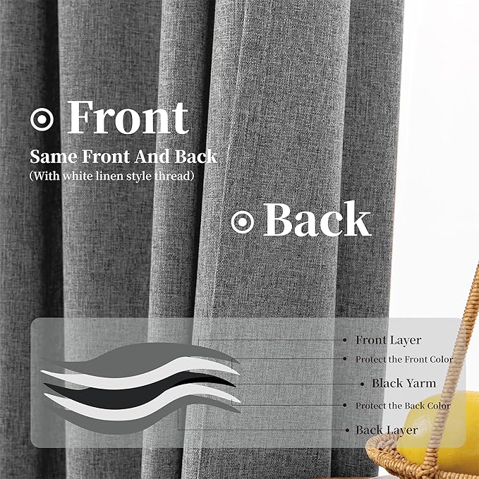 Neutral Grey Blackout Linen Curtains 84 Inch Length 2 Panels Set, Back Tab Loop Pocket Thermal Insulated Light Blocking Black Out Linen Weave Drapes for Offices Living Room 52x84 Inch, Frost Gray