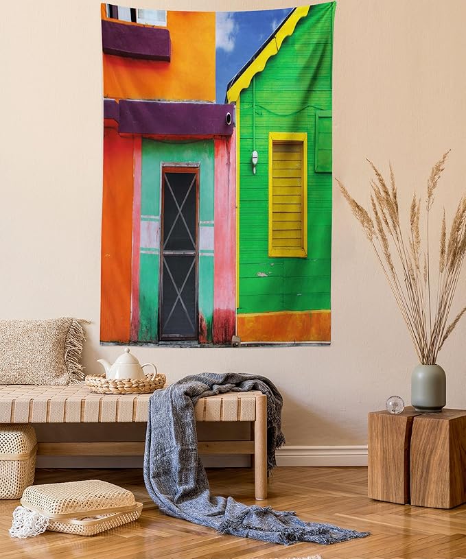 Lunarable Mexican Tapestry, Caribbean Houses in Vibrant Color Scheme in Isla Mujeres Mexico Latin America Photo, Wall Hanging for Bedroom Living Room Dorm Decor, 40" X 60", Green Pink