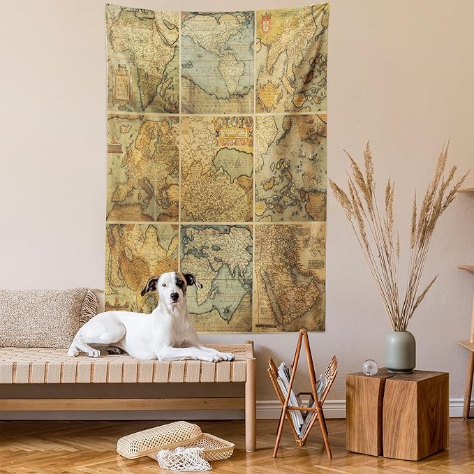 Ambesonne World Map Tapestry, Retro Rustic Collage of Antique Old Atlas Scenes Vintage Group of The Civilization Concept Print, Wall Hanging for Bedroom Living Room Dorm Decor, 60" X 80", Pastel Beige