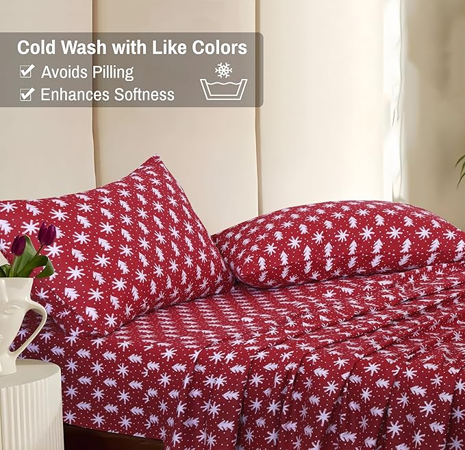 RUVANTI Flannel Sheets Twin Size - 100% Cotton Double Brushed Twin Sheets Set, Deep Pockets 16 Inches, All Seasons Breathable & Extra Soft Bed Sheets, Warm & Cozy, 3 Piece, Red Christmas