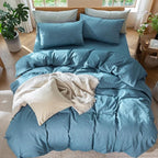 MooMee Bedding Duvet Cover Set 100% Washed Cotton Linen Like Textured Breathable Durable Soft Comfy (Heathered Peacock Blue, Palatial King/Oversized King 120"x98")