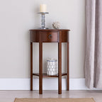 Seneca Solid Wood Demilune Console Table with Shelf and Drawer, Pecan, Perfect for Entryways, Hallways, and Stair Landings – Leick Home, 9030