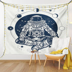 Lunarable Moon Phases Tapestry, Spaceman Silhouette Sitting in Lotus Pose Yoga Zodiac Harmony, Wall Hanging for Bedroom Living Room Dorm Decor, 60" X 80", Blue White