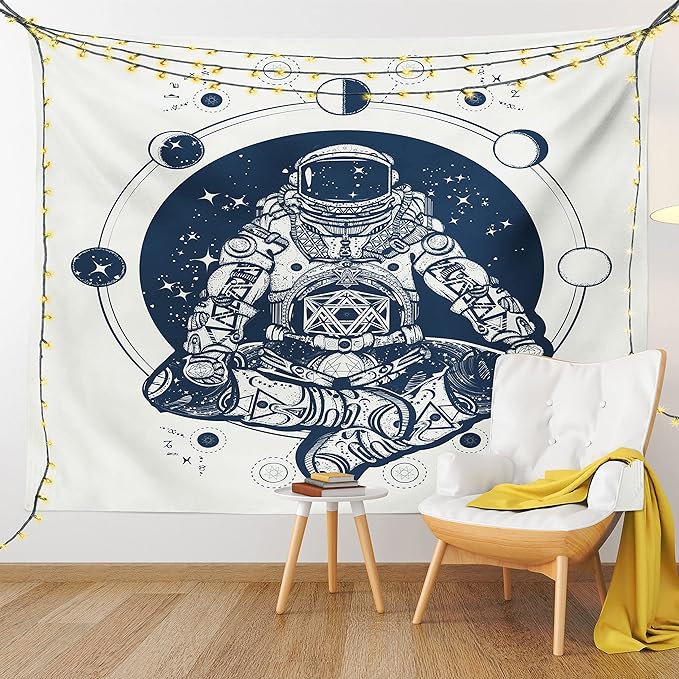 Lunarable Moon Phases Tapestry, Spaceman Silhouette Sitting in Lotus Pose Yoga Zodiac Harmony, Wall Hanging for Bedroom Living Room Dorm Decor, 60" X 80", Blue White