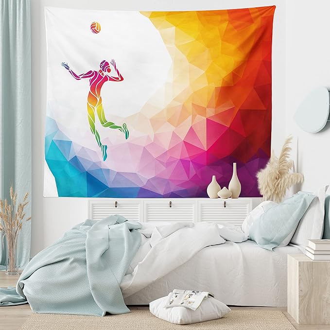 Lunarable Volleyball Tapestry, Colorful Polygonal Background Triangles Jumping Woman Striking The Ball, Wide Wall Hanging for Bedroom Living Room Dorm, 80" X 60", Purple Blue
