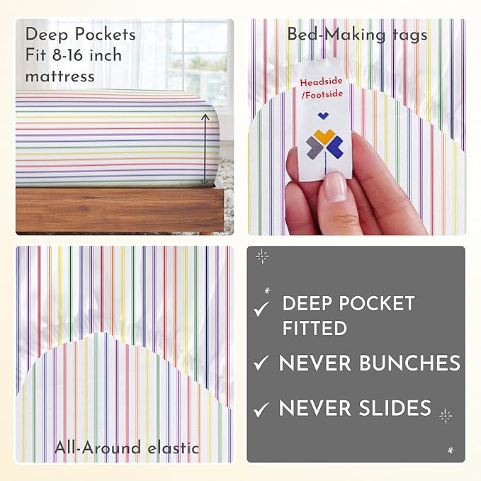 California Design Den Full Size Bed Sheets Set - 400 Thread Count Sateen, Natural 100% Cotton Sheets, Deep Pocket Cooling and Durable Bedding Set - Rainbow Striped