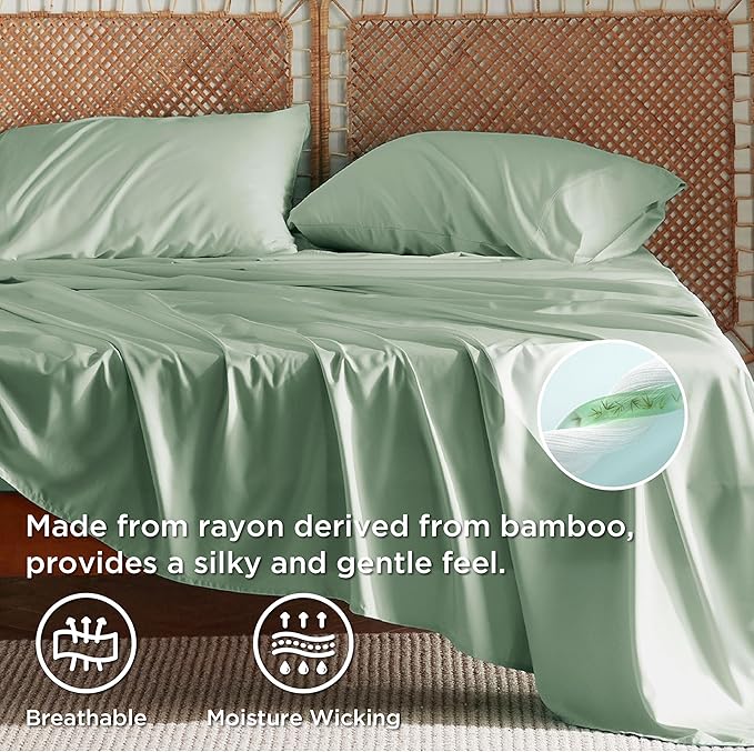 Bedsure Queen Sheet Set, Rayon Derived from Bamboo, Cooling Sheets, Breathable & Soft, Deep Pocket Up to 16 Inches, Hotel Luxury Silky Bedding for Hot Sleepers, Sage Green