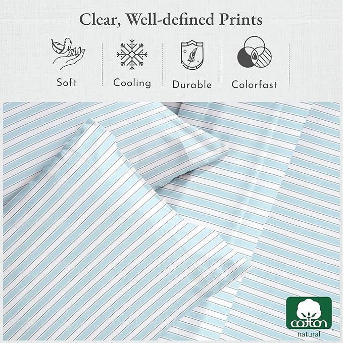 California Design Den Full Size Bed Sheets Set - 400 Thread Count Sateen, Natural 100% Cotton Sheets, Deep Pocket Cooling and Durable Bedding Set - Cape Stripe