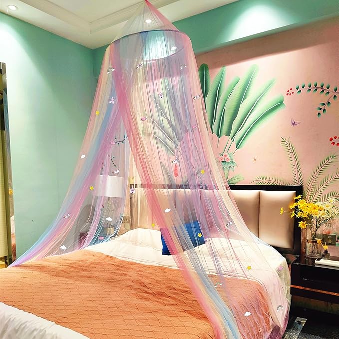 Eimilaly Princess Rainbow Bed Canopy with Unicorn Castle Glow in The Dark, Bed Canopy for Girls Room Decor or Fairy Theme Party