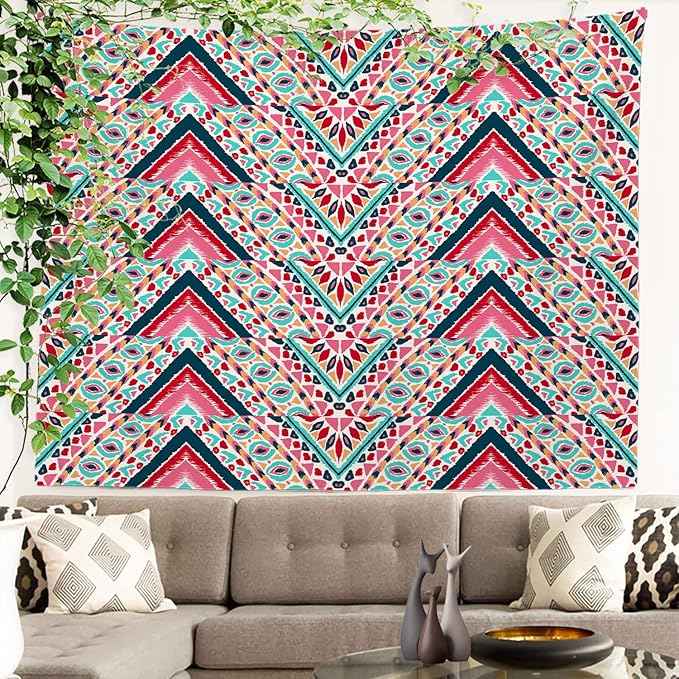 Batmerry Modern Stripe Geometric Tapestry,Boho Tribal ethnic Seamless striped Wall Art Hanging Decoration Polyester Fiber White Ruffled Around for Dorm Room Bedroom Living Room, 51.2x59.1 inches