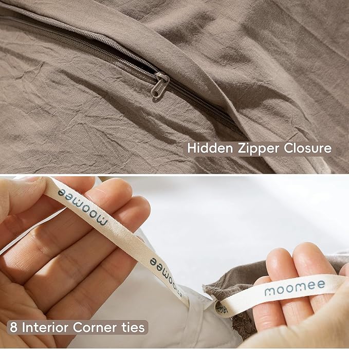 MooMee Bedding Duvet Cover Set 100% Washed Cotton Linen Like Textured Breathable Durable Soft Comfy (Solid Brown, Full 80"x90")