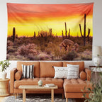 Ambesonne Saguaro Tapestry, Sun Rays Over Sonoran Desert at Sunset Brittle Bush Shrub Vibrant Colors, Wide Wall Hanging for Bedroom Living Room Dorm, 60" X 40", Red Orange Black