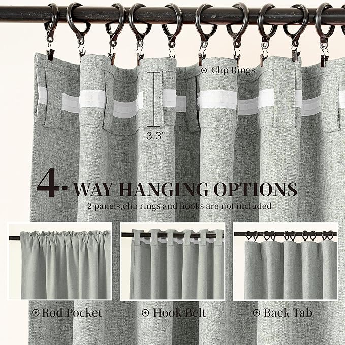 KangBang Full Blackout Linen Curtains 108 Inch Length, Noise Reducing Sun Blocking Curtains for Bedroom Dining Room, Back Tab Loop Pocket Pleated Floor to Ceiling Drapes(52Wx108L, Ash Fog Grey,2 PCs)