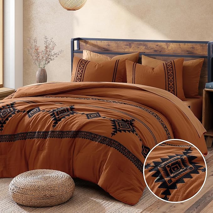 MaiRêve Burnt Orange Embroidery Comforter Sets Full Size - 7 Pieces, Farmhouse Western Boho Comforter Set, All Season Bed in A Bag Full Size with Sheets, Pillowcases & Shams
