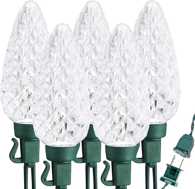 Brizled C9 Christmas Lights Cool White 16FT 25 LED 120V UL Certified Faceted Outdoor Christmas String Lights Connectable Xmas Tree Light for Tree, Holiday, House, Roof Decor