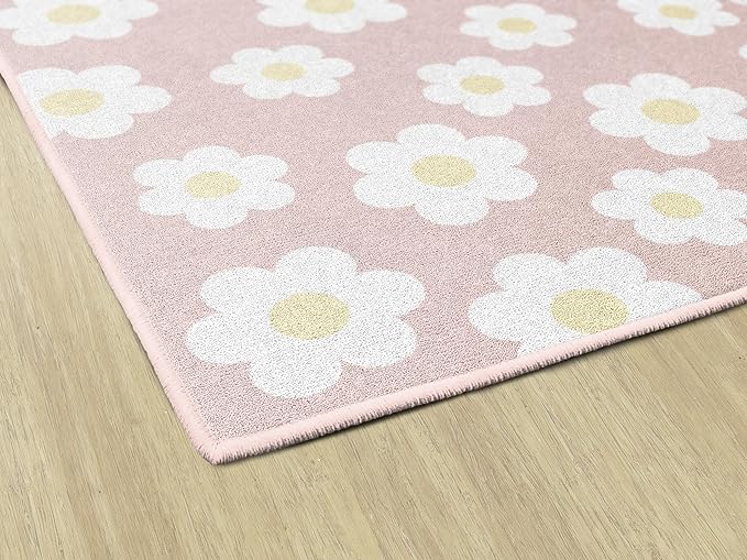 Flagship Carpets Schoolgirl Style Retro Daisies on Pink Educational Area Rug for Kids Room Seating Décor, Children's Classroom, Play Carpet for Teaching and Playroom, 5' x 7'6"