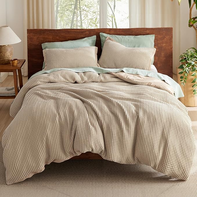 Bedsure Cooling Waffle Duvet Cover King - Cotton Blend Rayon Derived from Bamboo Duvet Cover Set for Hot Sleepers, Breathable Bedding Set with a Vintage Charm, 3 Pieces (Taupe, King, 104"x90")