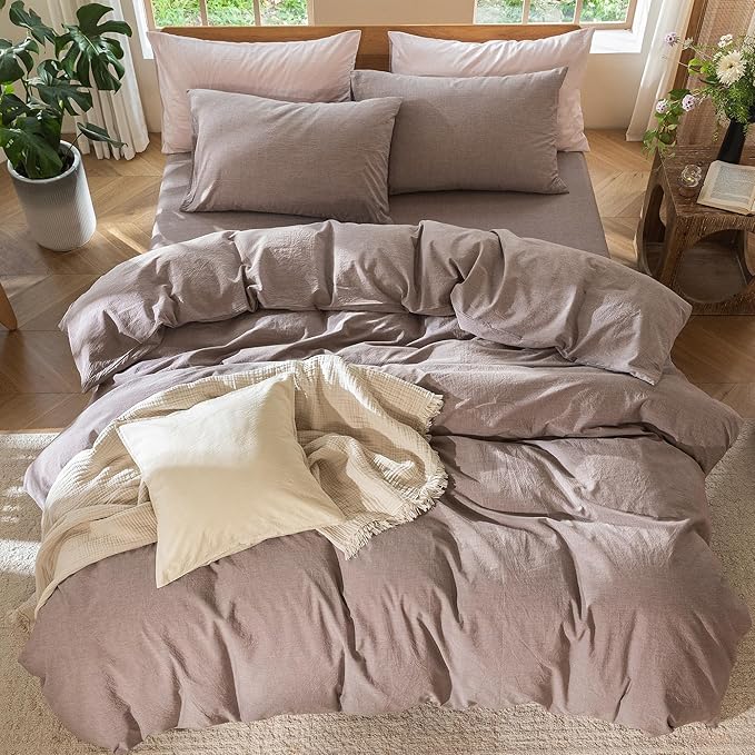 MooMee Bedding Duvet Cover Set 100% Washed Cotton Linen Like Textured Breathable Durable Soft Comfy (Heathered Mauve Brown, Oversized Queen 98"x98")