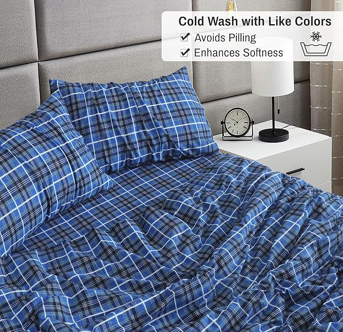 RUVANTI Flannel Sheets Split King Size - 100% Cotton Brushed Split King Bed Sheets Set, Deep Pockets 16 Inches, All Seasons Breathable & Extra Soft, Warm & Cozy, 5 Piece, Blue Plaid