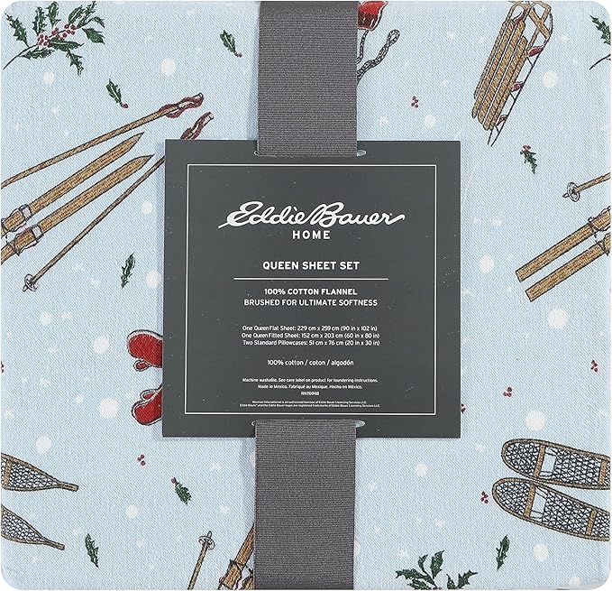 Eddie Bauer - Queen Sheets, Cotton Flannel Bedding Set, Brushed For Extra Softness, Cozy Home Decor (Snow Days, Queen)