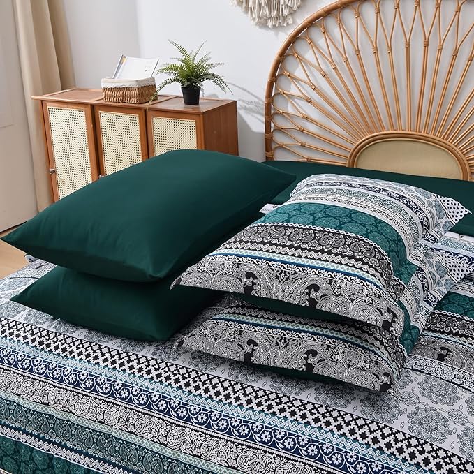 Cottolester Boho Comforter Set King Size,8 Pieces Emerald Green Bohemian Striped Bed in a Bag,Paisley Soft Microfiber Bedding Comforter Set
