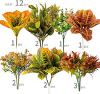 PARTY JOY 12 Bunches Artificial Fall Flowers, Fake Plants Outdoor, Fake Bushes UV Resistant Artificial Flowers Greenery Shrubs Faux Greenery for Outdoor Garden Patio Front Porch Yard Decor