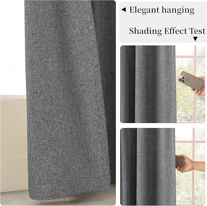 Neutral Grey Blackout Linen Curtains 84 Inch Length 2 Panels Set, Back Tab Loop Pocket Thermal Insulated Light Blocking Black Out Linen Weave Drapes for Offices Living Room 52x84 Inch, Frost Gray
