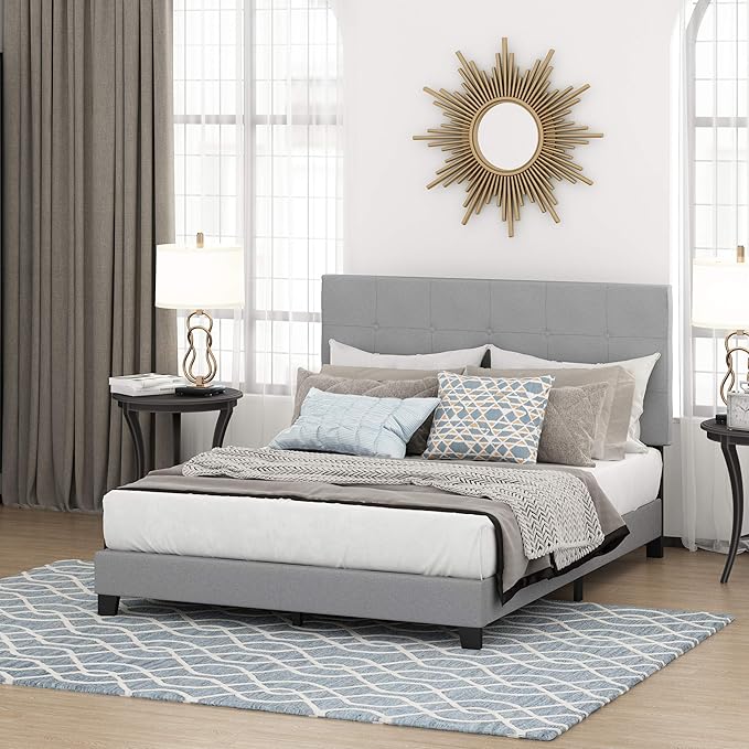 Furinno Laval Button Tufted Upholstered Platform Bed Frame, Queen, Glacier