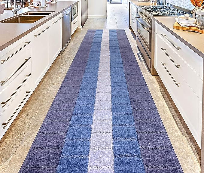 Custom Size Coastal Nautical Style Runner Rug Carpet for Hallway Entryway, Slip Resistant Latex Rubber Backed, 31 inch Wide X Customized Length, Squares Blue, 31 inch X 27 feet