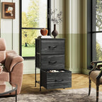 WLIVE Nightstand with 3 Drawers, Fabric Dresser, Organizer Unit, Storage Dresser for Bedroom, Hallway, Entryway, Closets, Steel Frame, Wood Top, Easy Pull Handle, Charcoal Black Wood Grain Print