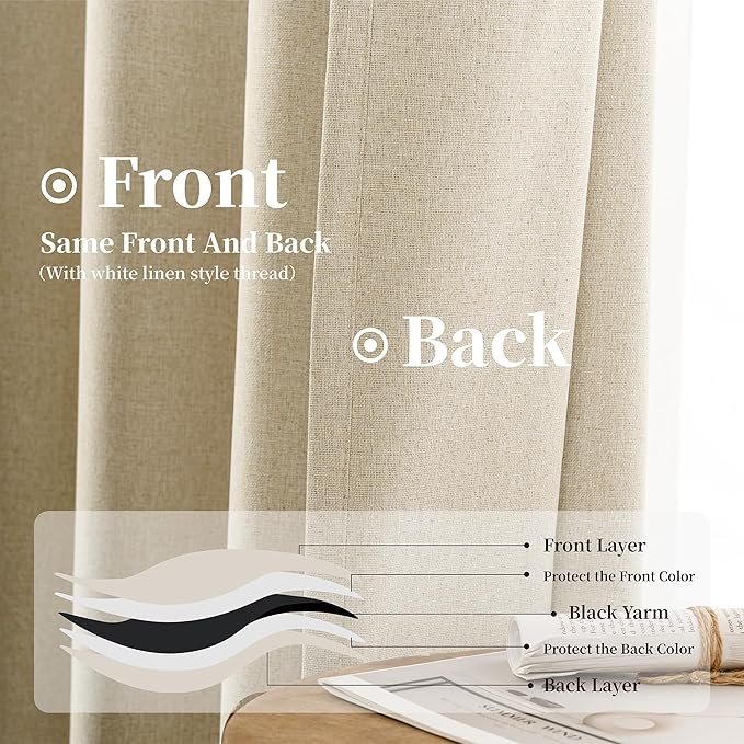 KangBang Thermal Blackout Curtains 63 Inch Length for Bedroom, Back Tab Loop Pocket Pleated Linen Woven Textured Curtains, 100% Light Blocking Drapes for Living Room(W52xL63,2 Panels,Natural Beige)
