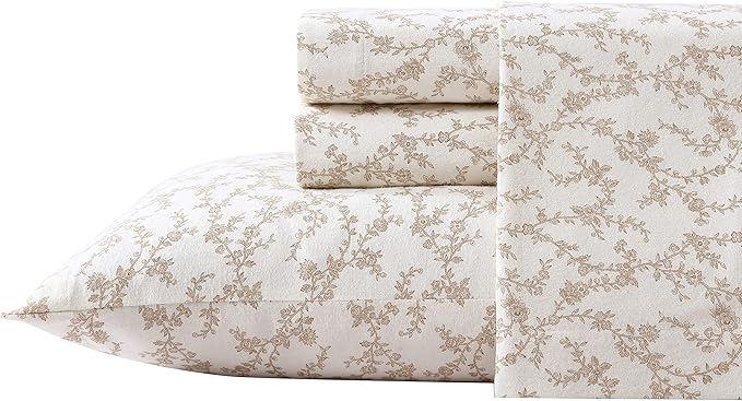 Laura Ashley - Flannel Sheets Full Size, Anti-Pilling & Wrinkle Resistant Cotton, Touchably Soft for All-Season Comfort - Bed Sheets with Matching Pillowcases & Fitted Sheet (Victoria Beige)