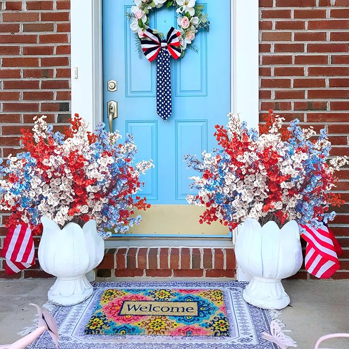 Uieke 6Pcs 4th of July Artificial Flowers Fake Patriotic Babys Breath Flowers for Independence Day Decor Blue White Red Silk Flowers for Memorial Day Floral Arrangement Home